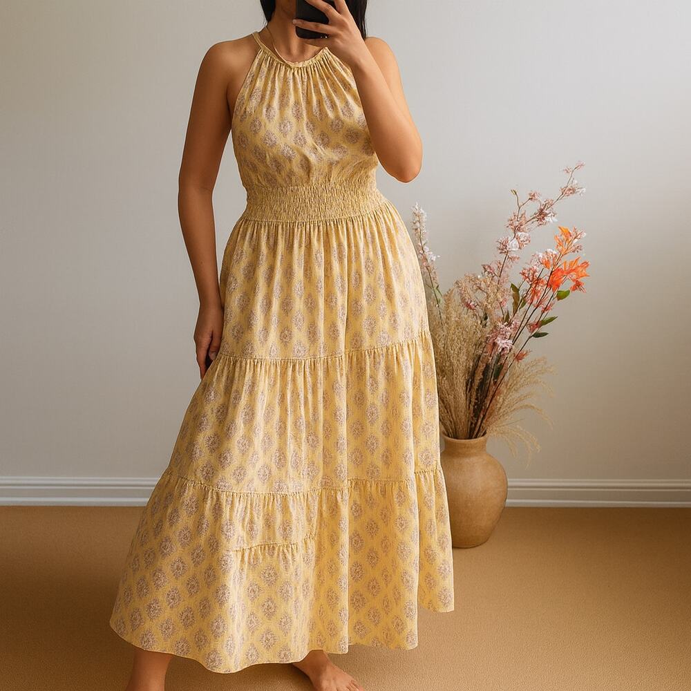 dRA Los Angeles Floral Print Halter Neck Tiered Midi Dress Yellow S